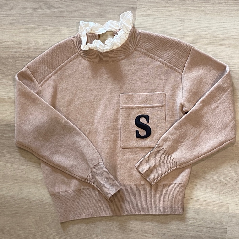 Sandro Lucille Ruffled Collar Embroidered Sweater beige size 0